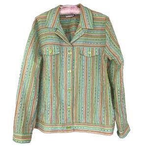 Breckenridge Summer Jacket XL Green Red Stripe Lightweight Buttons Textured